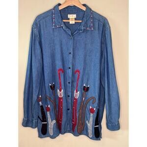 VTGA Bobbie Brooks Appliqued CATS Denim Blue Jean Cotton Long Sleeved Shirt: XL